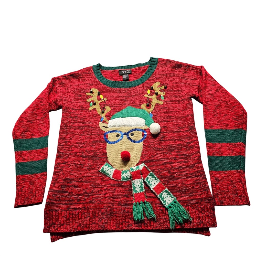 Hooked Up by I.O.T Reindeer Sweater Womens S Red Green Christmas Holiday J61081